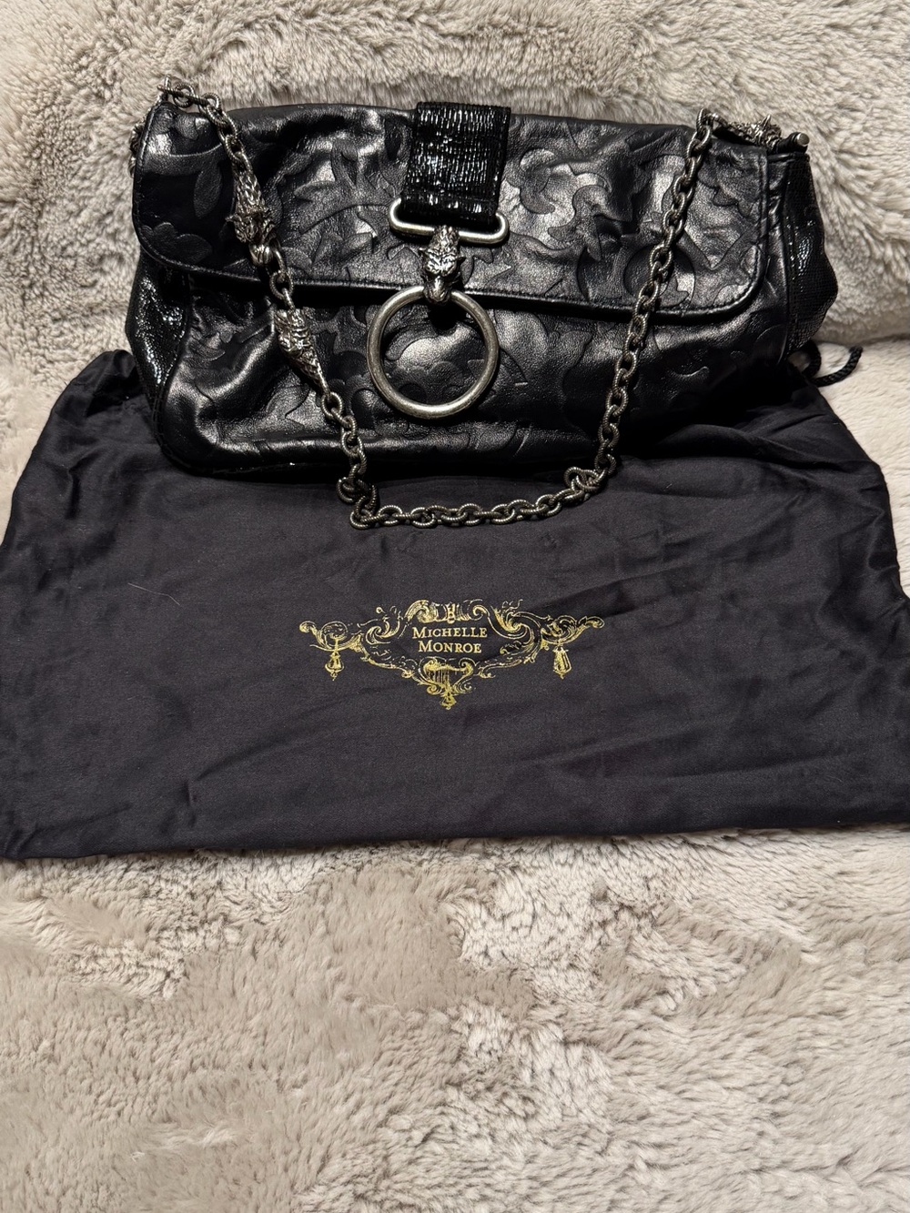 Beautiful Michelle Monroe Black Embossed Leather Chain Shoulder Bag